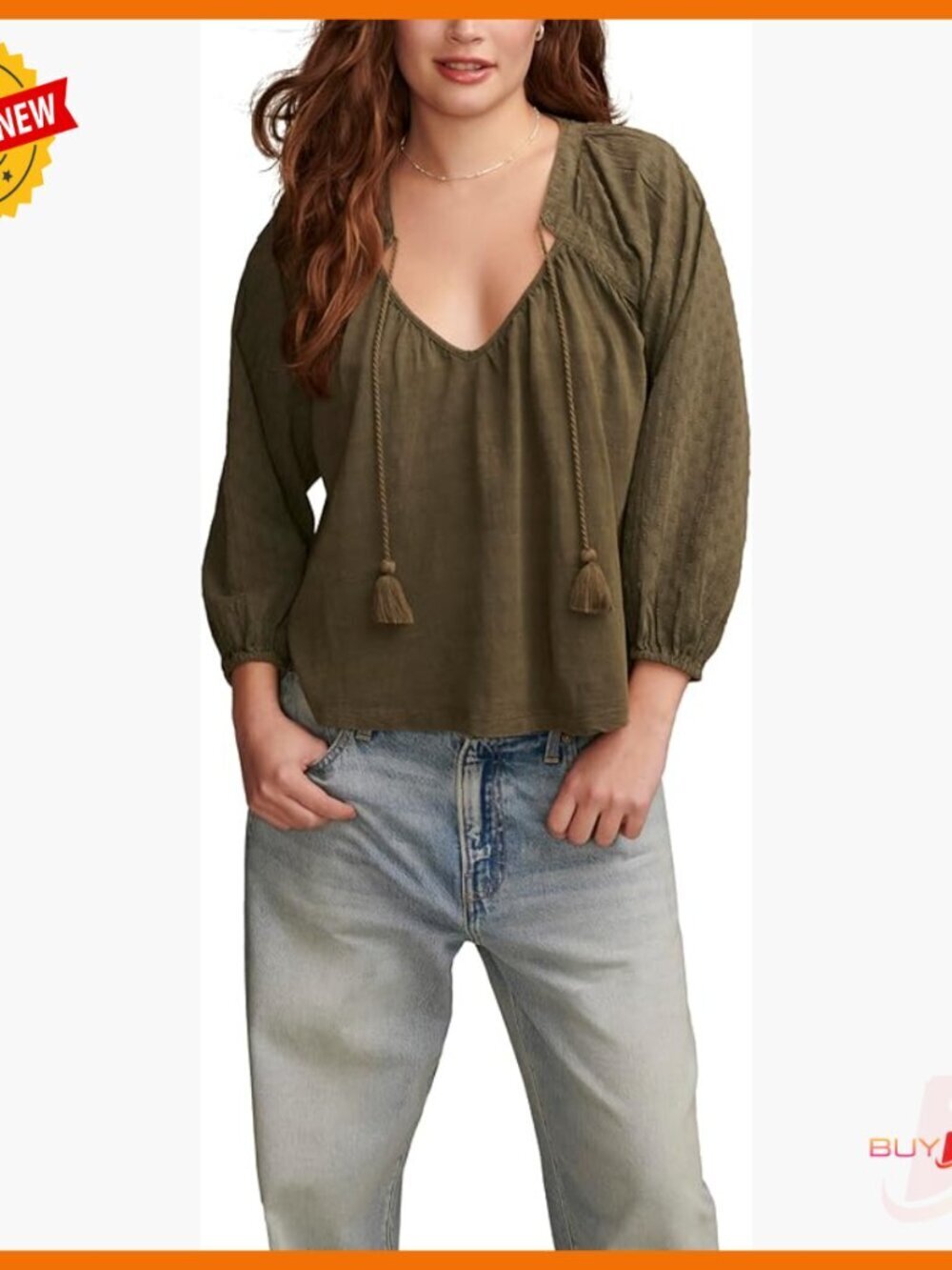 Long Sleeve Cotton Peasant Blouse with Tassel Ties Classic Fit